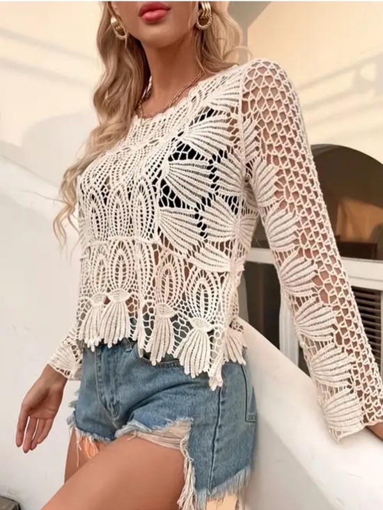 Rebellion Tops - Rebellion Crochet Fringe Long-Sleeve Crop Top in Cream